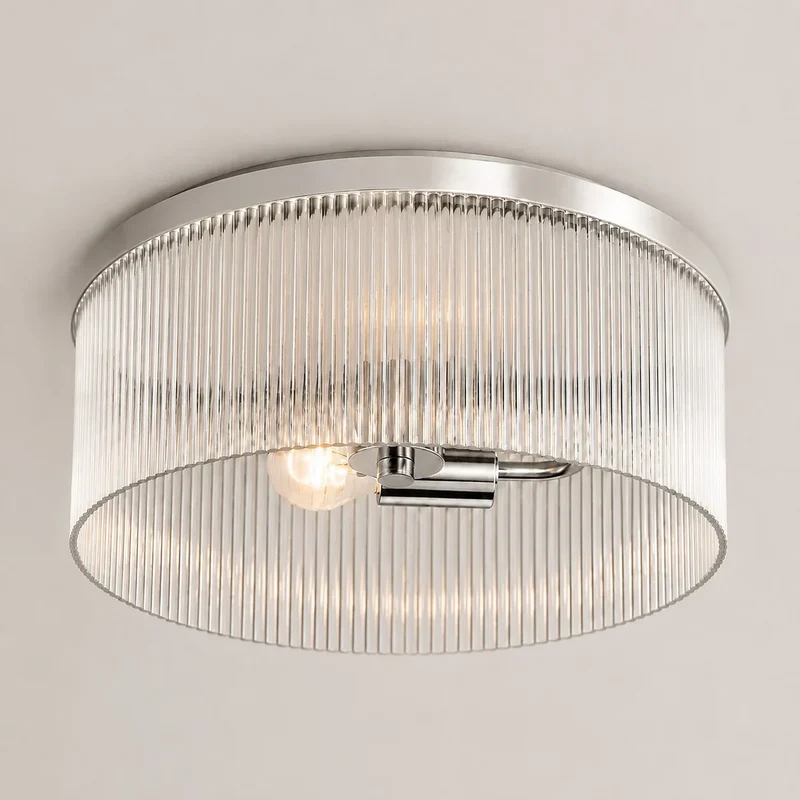 Ronde Plafondlamp met Geribbeld Glas en Landelijke Afwerking – Warm Sfeerlicht voor Lage Plafonds | Sansoti