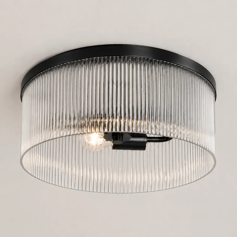 Ronde Plafondlamp met Geribbeld Glas en Landelijke Afwerking – Warm Sfeerlicht voor Lage Plafonds | Sansoti
