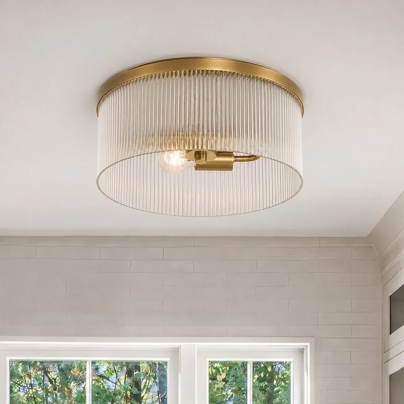 Ronde Plafondlamp met Geribbeld Glas en Landelijke Afwerking – Warm Sfeerlicht voor Lage Plafonds | Sansoti