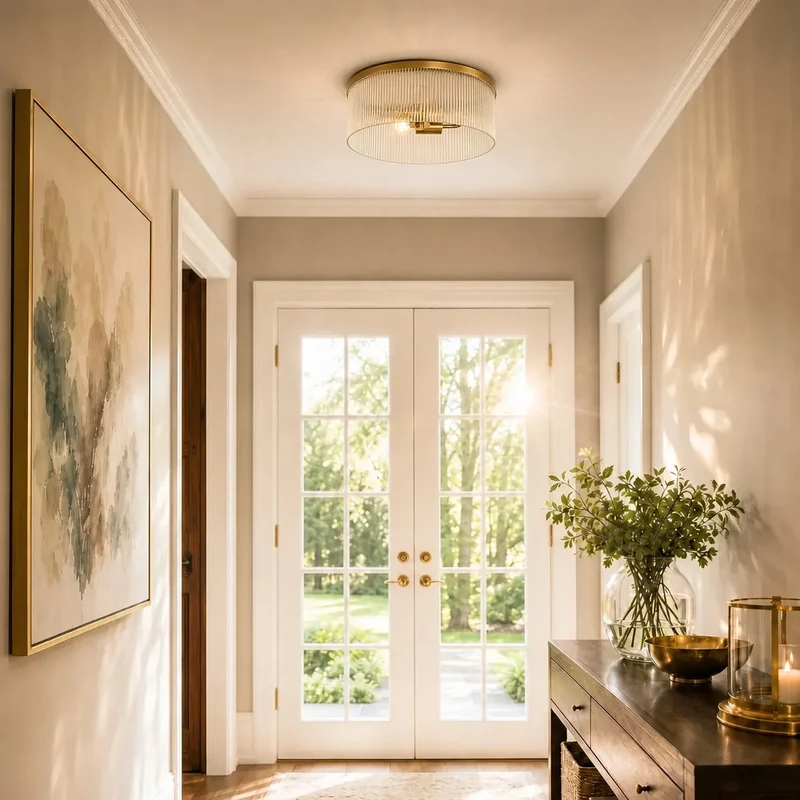 Ronde Plafondlamp met Geribbeld Glas en Landelijke Afwerking – Warm Sfeerlicht voor Lage Plafonds | Sansoti