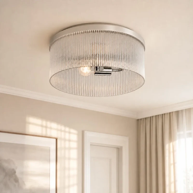 Ronde Plafondlamp met Geribbeld Glas en Landelijke Afwerking – Warm Sfeerlicht voor Lage Plafonds | Sansoti