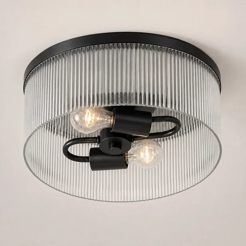 Ronde Plafondlamp met Geribbeld Glas en Landelijke Afwerking – Warm Sfeerlicht voor Lage Plafonds | Sansoti