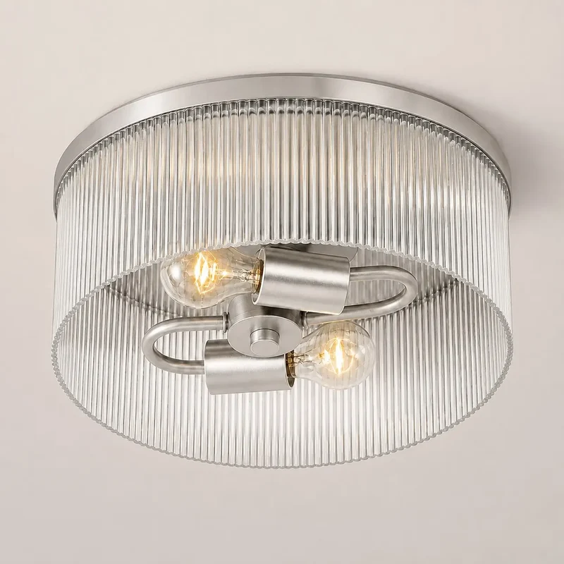 Ronde Plafondlamp met Geribbeld Glas en Landelijke Afwerking – Warm Sfeerlicht voor Lage Plafonds | Sansoti