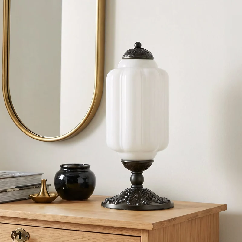 Retro Tafellampen met Getextureerd Crèmekleurig Glas – Franse Vintage Stijl met Messing of Zwart Frame | Sansoti