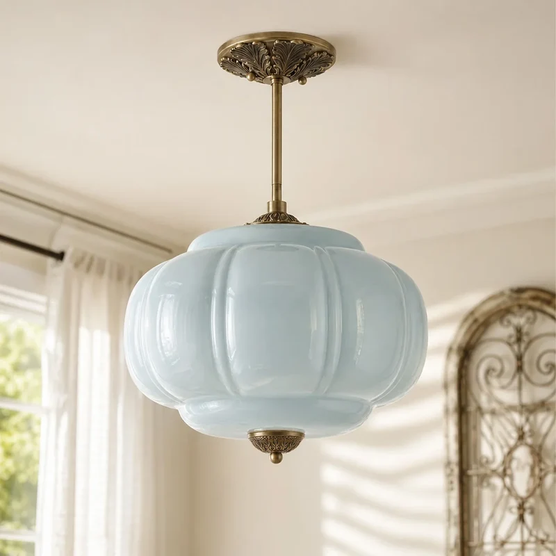 Antique Brass Plafondlamp met Groen Glas Pompoendesign - Elegante Hanglamp voor Eetkamer Keukeneiland Slaapkamer | Sansoti