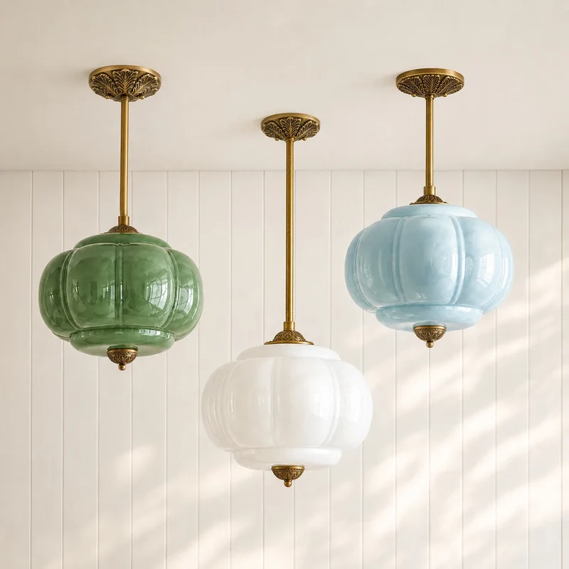 Antique Brass Plafondlamp met Groen Glas Pompoendesign - Elegante Hanglamp voor Eetkamer Keukeneiland Slaapkamer | Sansoti