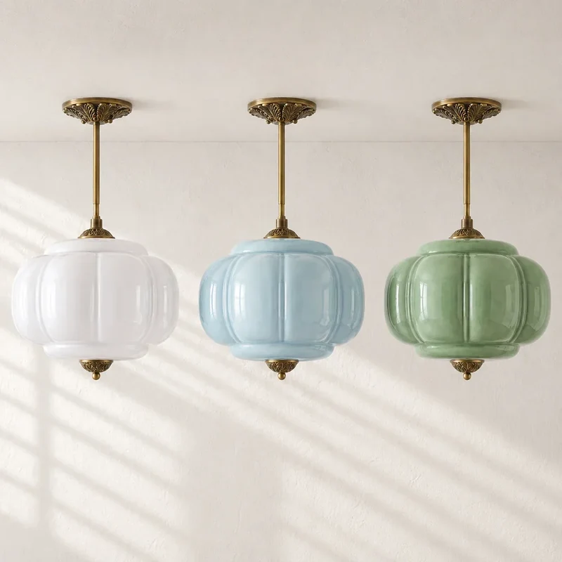 Antique Brass Plafondlamp met Groen Glas Pompoendesign - Elegante Hanglamp voor Eetkamer Keukeneiland Slaapkamer | Sansoti