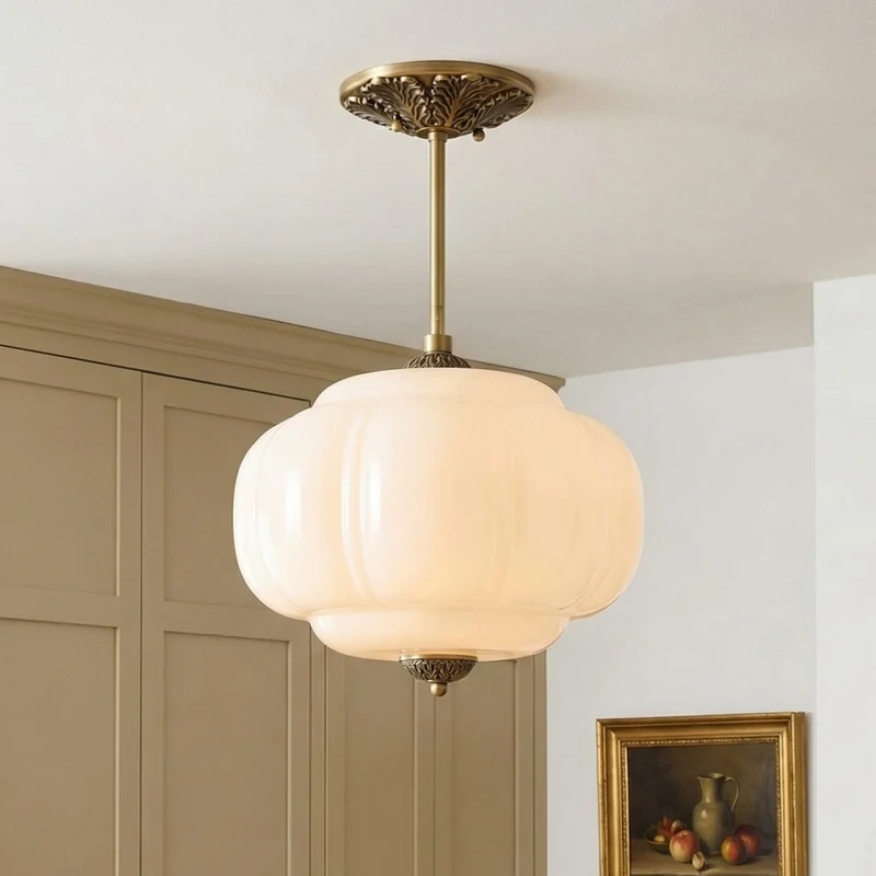 Antique Brass Plafondlamp met Groen Glas Pompoendesign - Elegante Hanglamp voor Eetkamer Keukeneiland Slaapkamer | Sansoti