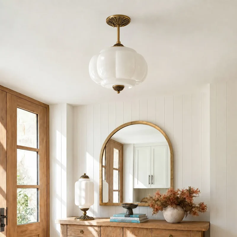 Antique Brass Plafondlamp met Groen Glas Pompoendesign - Elegante Hanglamp voor Eetkamer Keukeneiland Slaapkamer | Sansoti