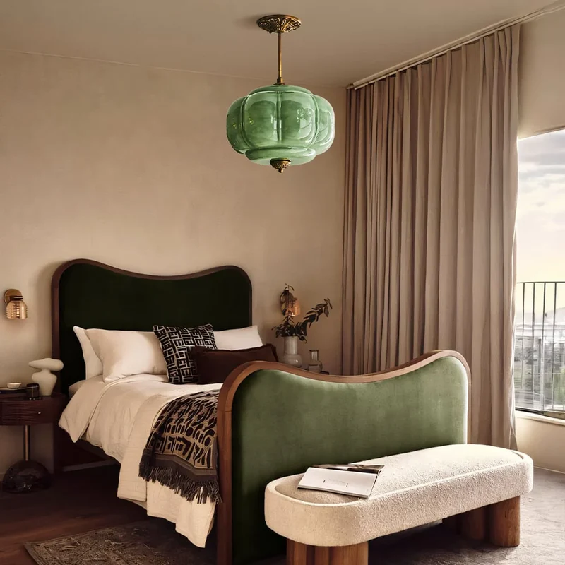 Antique Brass Plafondlamp met Groen Glas Pompoendesign - Elegante Hanglamp voor Eetkamer Keukeneiland Slaapkamer | Sansoti