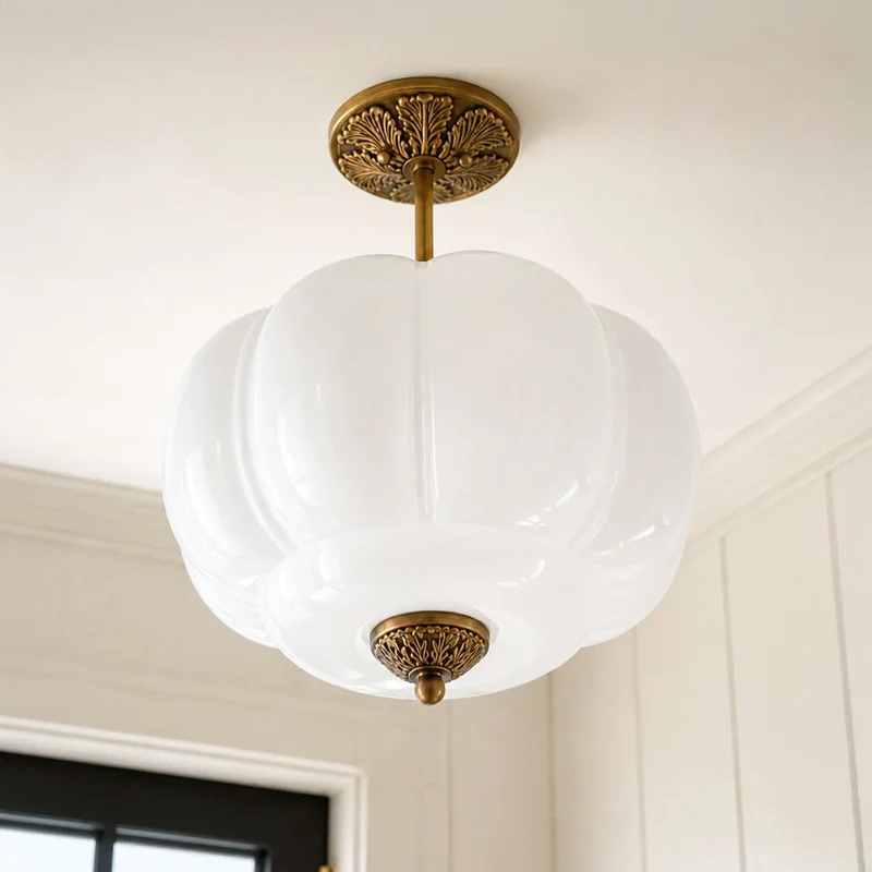 Antique Brass Plafondlamp met Groen Glas Pompoendesign - Elegante Hanglamp voor Eetkamer Keukeneiland Slaapkamer | Sansoti