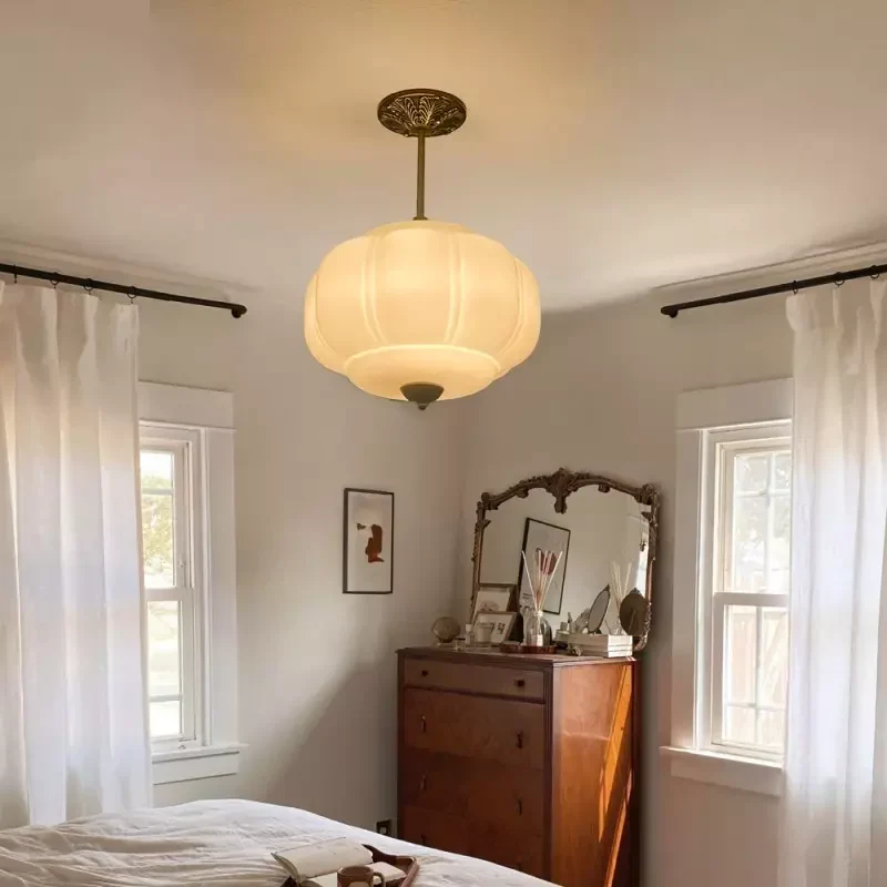 Antique Brass Plafondlamp met Groen Glas Pompoendesign - Elegante Hanglamp voor Eetkamer Keukeneiland Slaapkamer | Sansoti