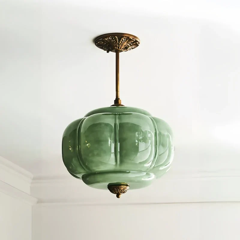Antique Brass Plafondlamp met Groen Glas Pompoendesign - Elegante Hanglamp voor Eetkamer Keukeneiland Slaapkamer | Sansoti