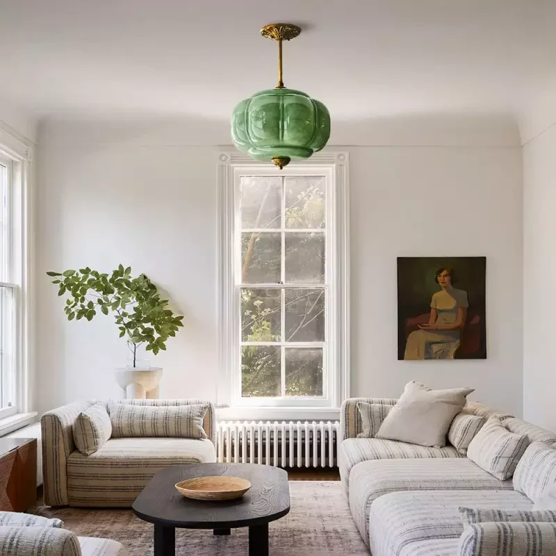 Antique Brass Plafondlamp met Groen Glas Pompoendesign - Elegante Hanglamp voor Eetkamer Keukeneiland Slaapkamer | Sansoti