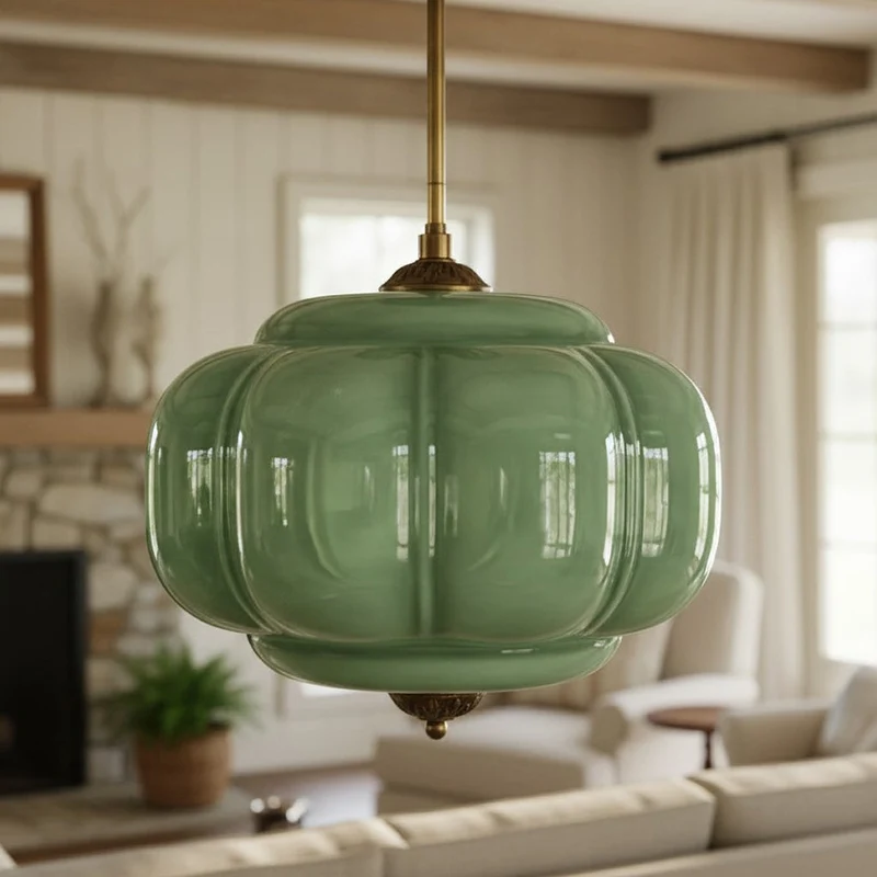 Antique Brass Plafondlamp met Groen Glas Pompoendesign - Elegante Hanglamp voor Eetkamer Keukeneiland Slaapkamer | Sansoti