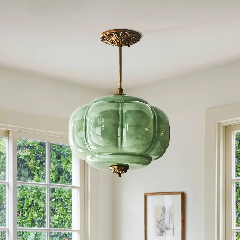 Antique Brass Plafondlamp met Groen Glas Pompoendesign - Elegante Hanglamp voor Eetkamer Keukeneiland Slaapkamer | Sansoti