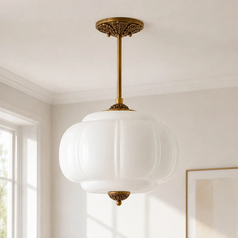 Antique Brass Plafondlamp met Groen Glas Pompoendesign - Elegante Hanglamp voor Eetkamer Keukeneiland Slaapkamer | Sansoti