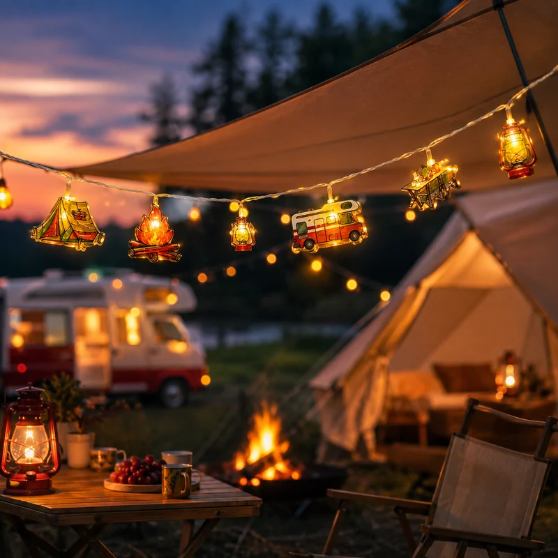 Decoratieve LED-lichtsnoer Campingmotieven Warmwit Licht Batterij Sfeerverlichting Buiten Binnen Tuin | Sansoti