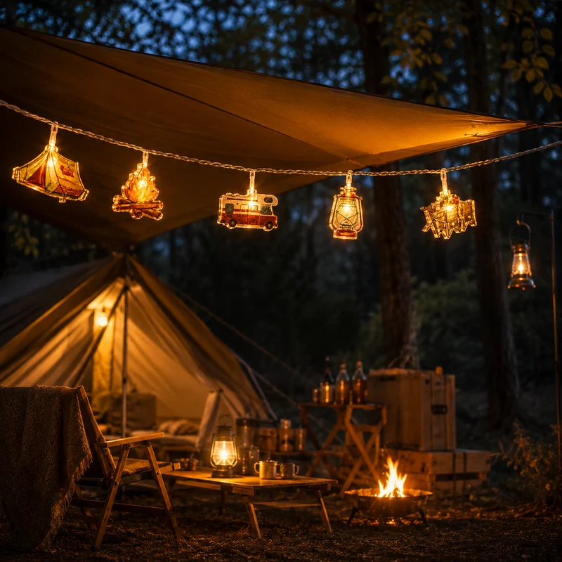 Decoratieve LED-lichtsnoer Campingmotieven Warmwit Licht Batterij Sfeerverlichting Buiten Binnen Tuin | Sansoti