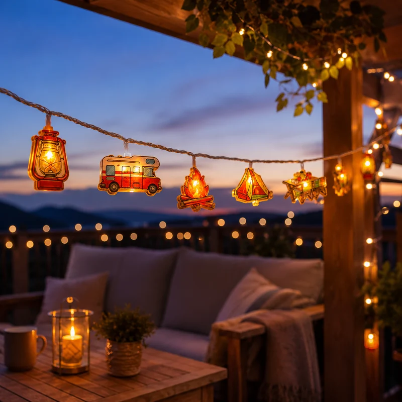 Decoratieve LED-lichtsnoer Campingmotieven Warmwit Licht Batterij Sfeerverlichting Buiten Binnen Tuin | Sansoti