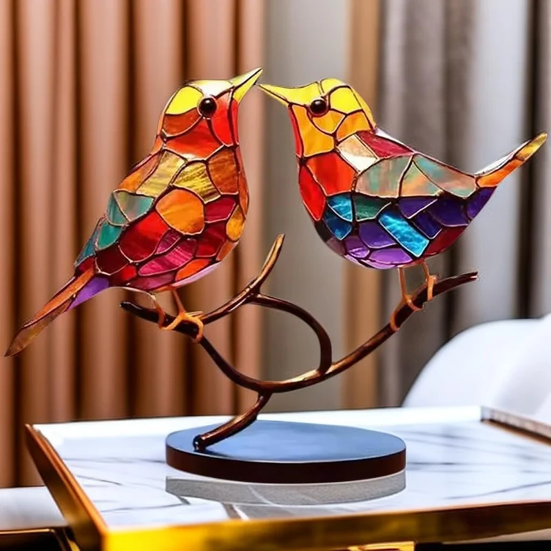 Glazen Vogelsculptuur met Kleurrijke Takken voor Tafel en Kast Decoratie Natuurinspiratie Sfeervolle Woonkamer | Sansoti