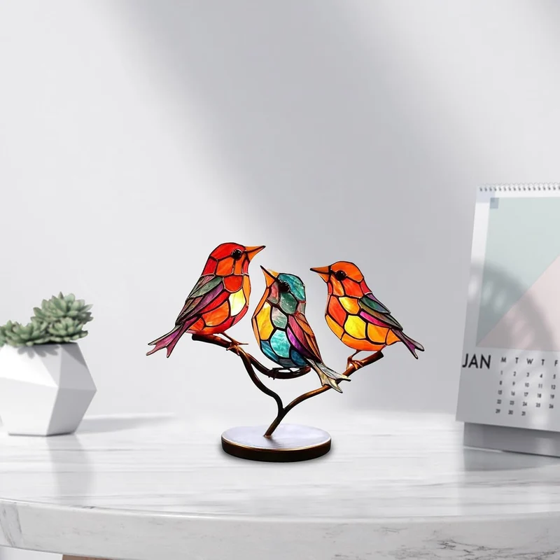 Glazen Vogelsculptuur met Kleurrijke Takken voor Tafel en Kast Decoratie Natuurinspiratie Sfeervolle Woonkamer | Sansoti