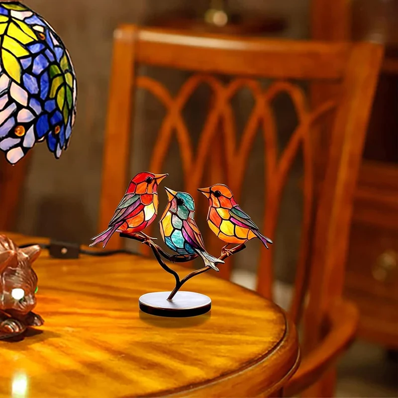 Glazen Vogelsculptuur met Kleurrijke Takken voor Tafel en Kast Decoratie Natuurinspiratie Sfeervolle Woonkamer | Sansoti