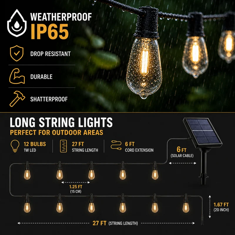 Zonne-energie Lichtsnoer Vintage Edison LED 10 Meter Waterdicht IP65 Sfeerverlichting Tuin Terras Camping | Sansoti