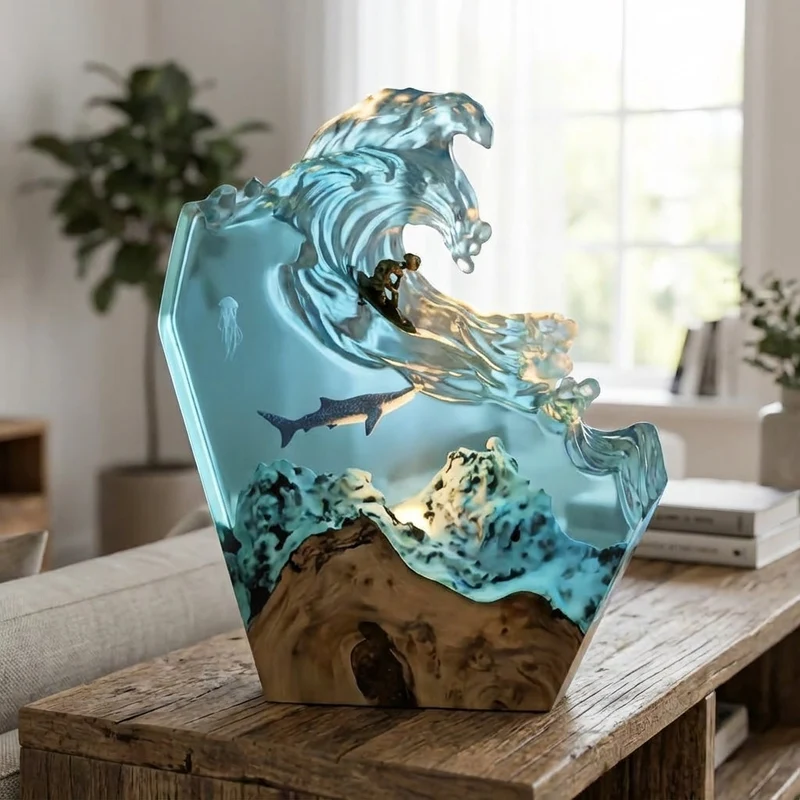 Decoratieve Walvisstaande Lamp Oceaan Hars Dimbaar Hout Sfeerlicht Nachtlampje Maritiem Interieur Kinderkamer | Sansoti