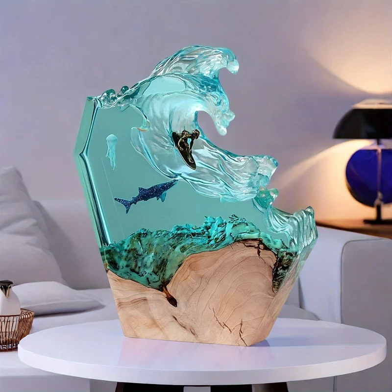Decoratieve Walvisstaande Lamp Oceaan Hars Dimbaar Hout Sfeerlicht Nachtlampje Maritiem Interieur Kinderkamer | Sansoti
