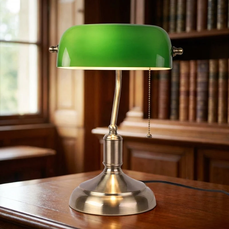 Bankierslamp met Glazen Kap en Metalen Voet Vintage Tafellamp Leeslamp Antieke Bureaulamp Warm Licht | Sansoti
