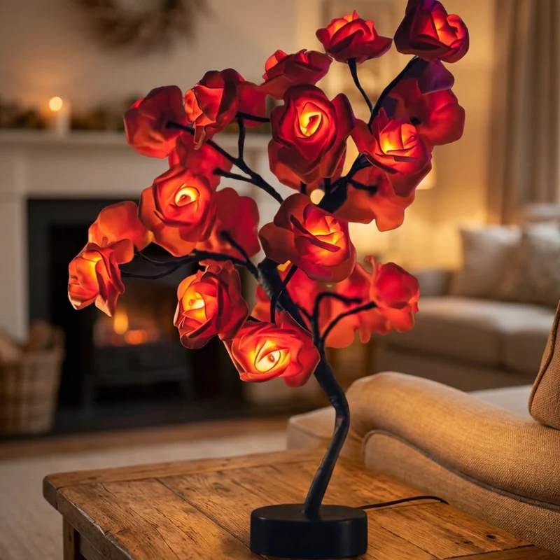 Bloemenlamp met Handgemaakte Rozen 46cm USB Batterij Nachtlamp Decoratieve Tafellamp Romantisch Stemmingslicht | Sansoti