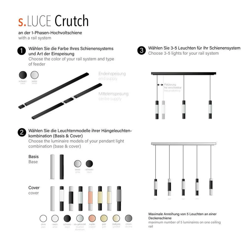 s.luce Crutch Hängelampe 1-Phasen-Schiene 200cm Endeinspeiser