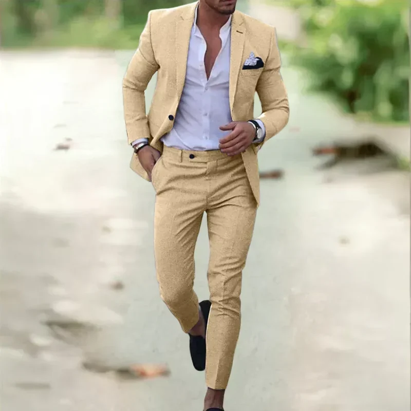 Tweedelig Linnen Herenkostuum Slim Fit Zomer Bruiloft Business Comfortabel Ademend 70% Linnen 30% Katoen | Sansoti
