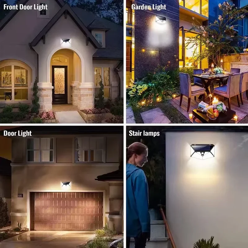 Zonne-energie Wandlamp Buiten 100 LED Bewegingssensor Waterdicht IP65 Zwart Veiligheidsverlichting Tuin | Sansoti