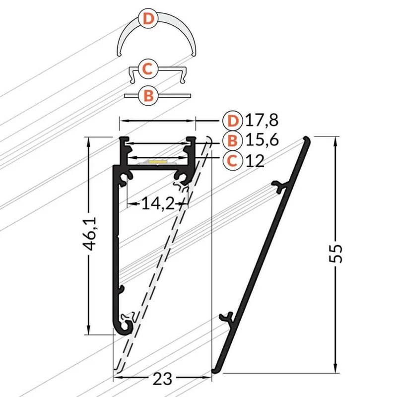 Aufbau-Wandprofil schräg 200cm Alu-roh ohne Abdeckung für LED-Strips
