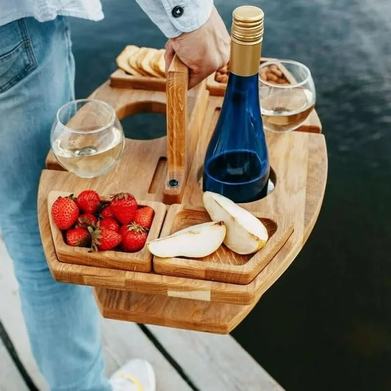 Houten Picknicktafel met Vakken voor Wijn en Hapjes Buitendiner Tuintafel Opvouwbaar Draagbaar Camping | Sansoti