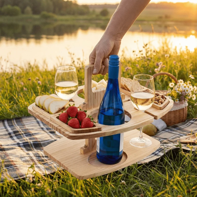 Houten Picknicktafel met Vakken voor Wijn en Hapjes Buitendiner Tuintafel Opvouwbaar Draagbaar Camping | Sansoti
