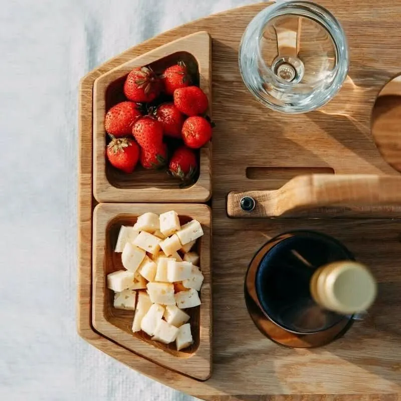 Houten Picknicktafel met Vakken voor Wijn en Hapjes Buitendiner Tuintafel Opvouwbaar Draagbaar Camping | Sansoti