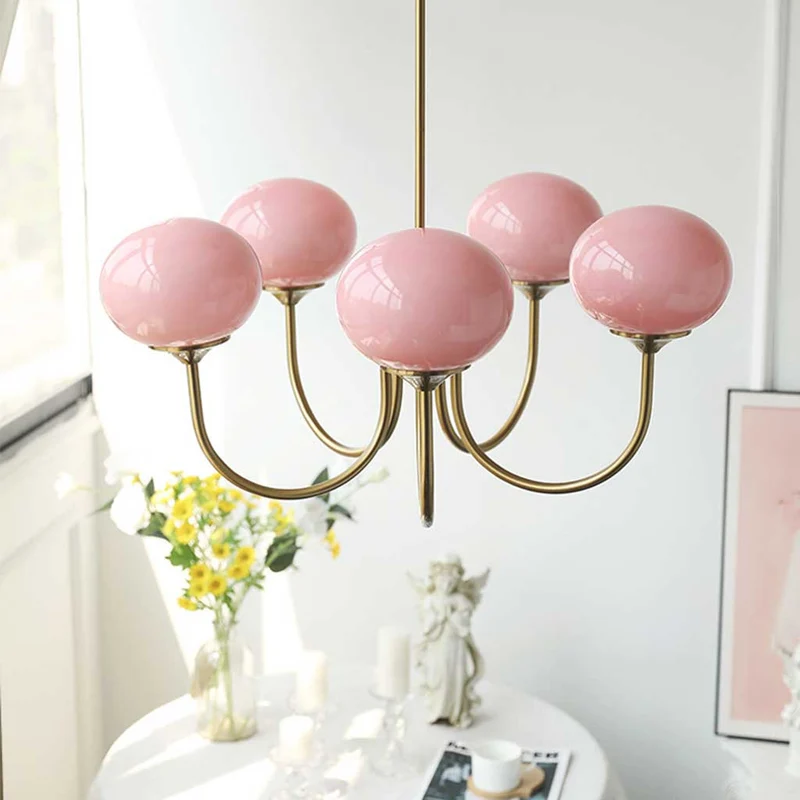Glazen Bol Kroonluchter Goud Frame 3 of 5 Lichtpunten Roze Wit Modern Romantisch Elegante Hanglamp Woonkamer | Sansoti