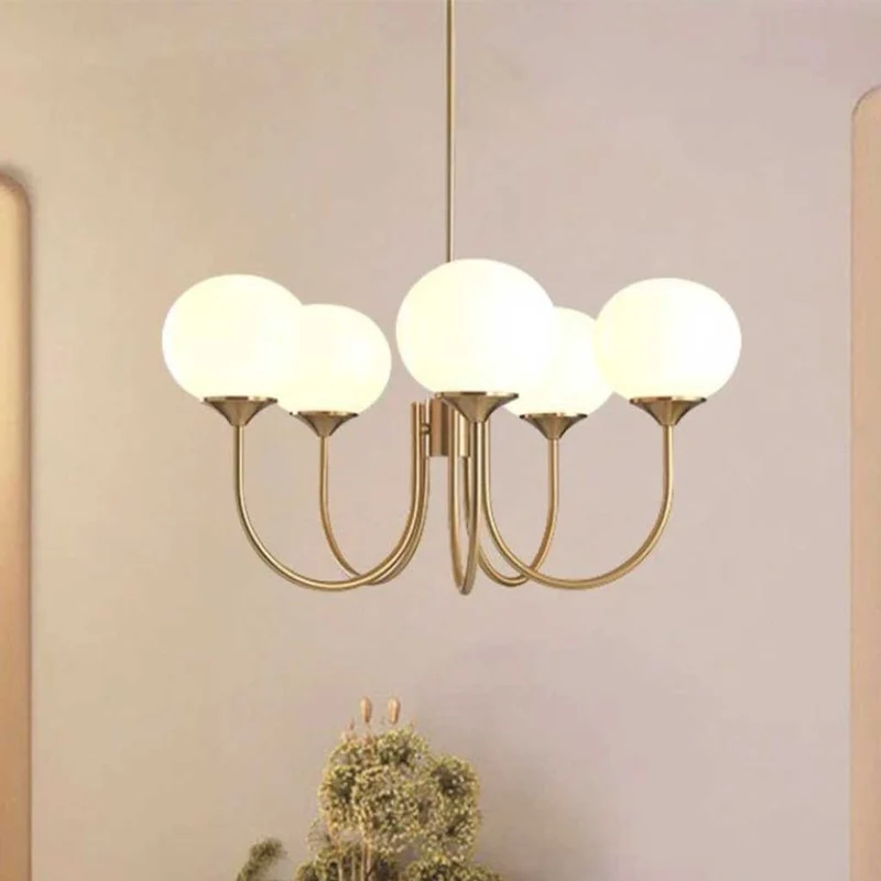 Glazen Bol Kroonluchter Goud Frame 3 of 5 Lichtpunten Roze Wit Modern Romantisch Elegante Hanglamp Woonkamer | Sansoti