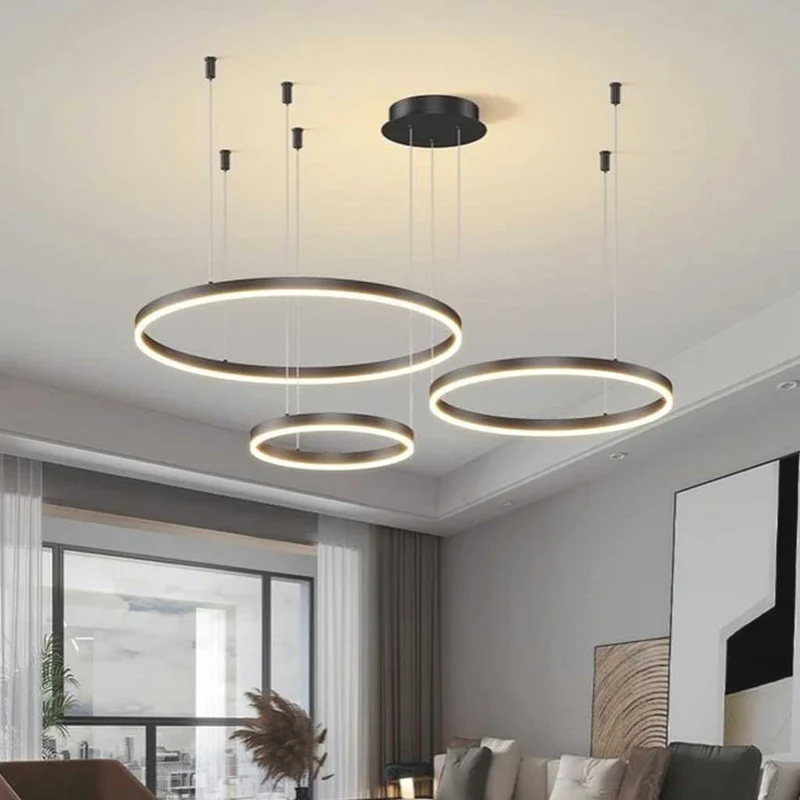 Dimbare Aluminium Kroonluchter met Ringen Zwart Goud Instelbaar LED Licht Moderne Hanglamp Woonkamer | Sansoti