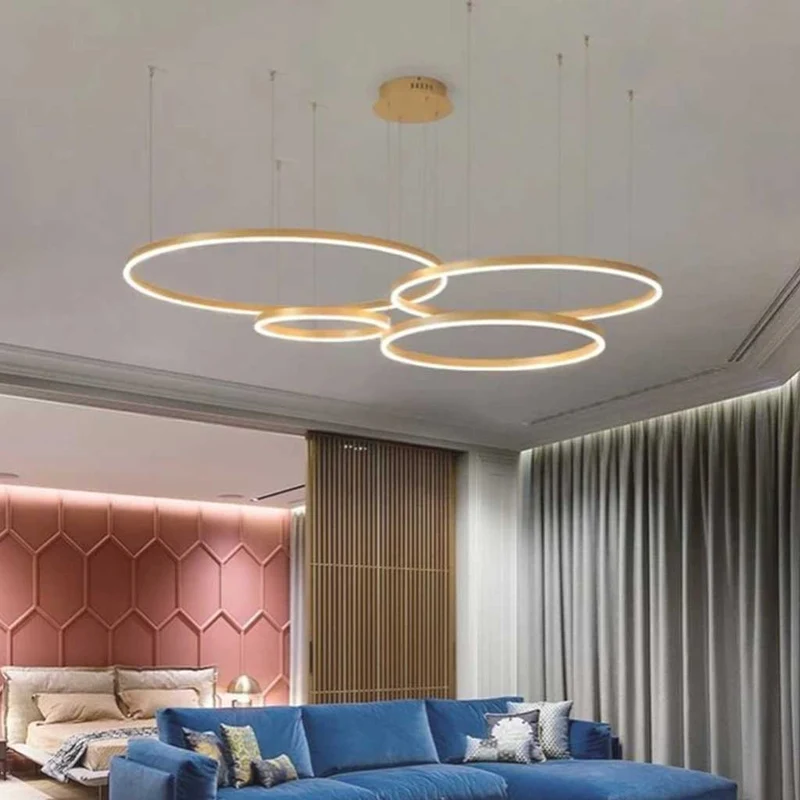 Dimbare Aluminium Kroonluchter met Ringen Zwart Goud Instelbaar LED Licht Moderne Hanglamp Woonkamer | Sansoti