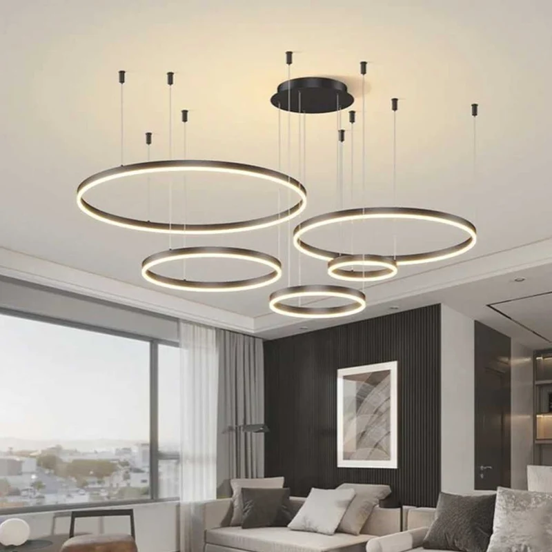 Dimbare Aluminium Kroonluchter met Ringen Zwart Goud Instelbaar LED Licht Moderne Hanglamp Woonkamer | Sansoti