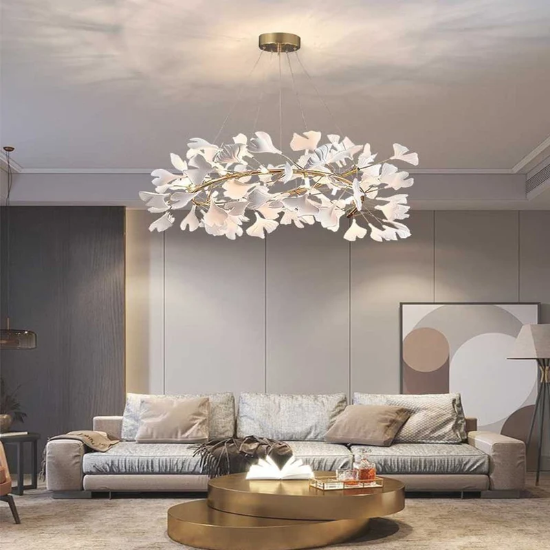 Keramische Kroonluchter Ginkgo Bladeren Wit Goud LED Plafondlamp Eetkamer Woonkamer Modern Scandinavisch | Sansoti