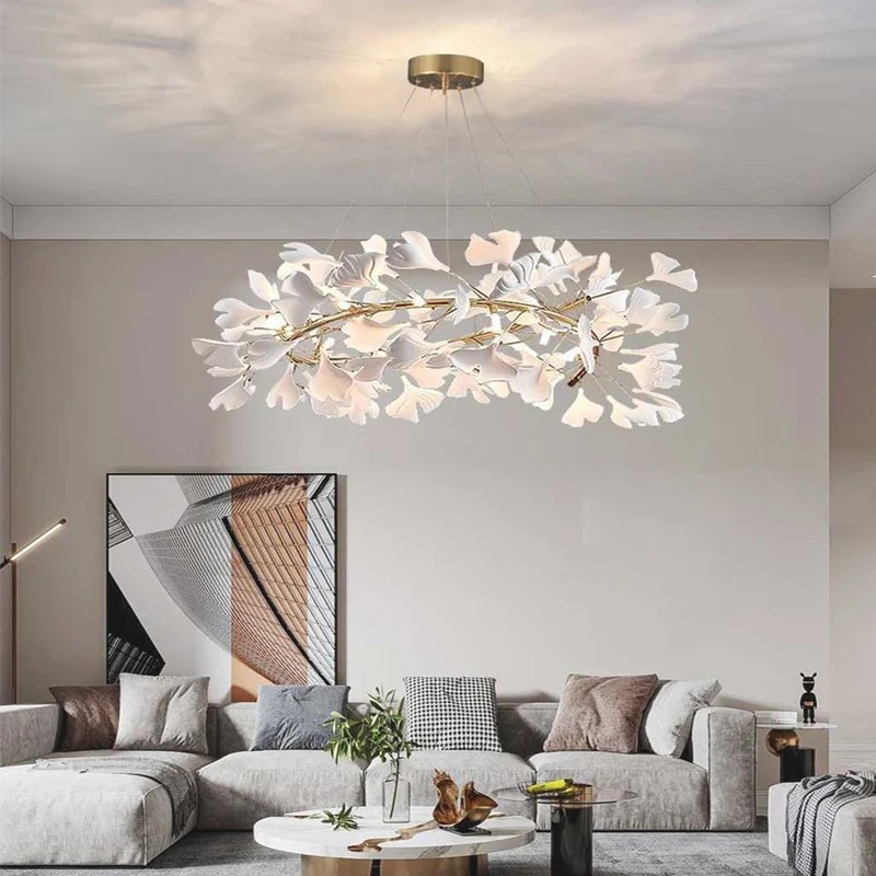 Keramische Kroonluchter Ginkgo Bladeren Wit Goud LED Plafondlamp Eetkamer Woonkamer Modern Scandinavisch | Sansoti