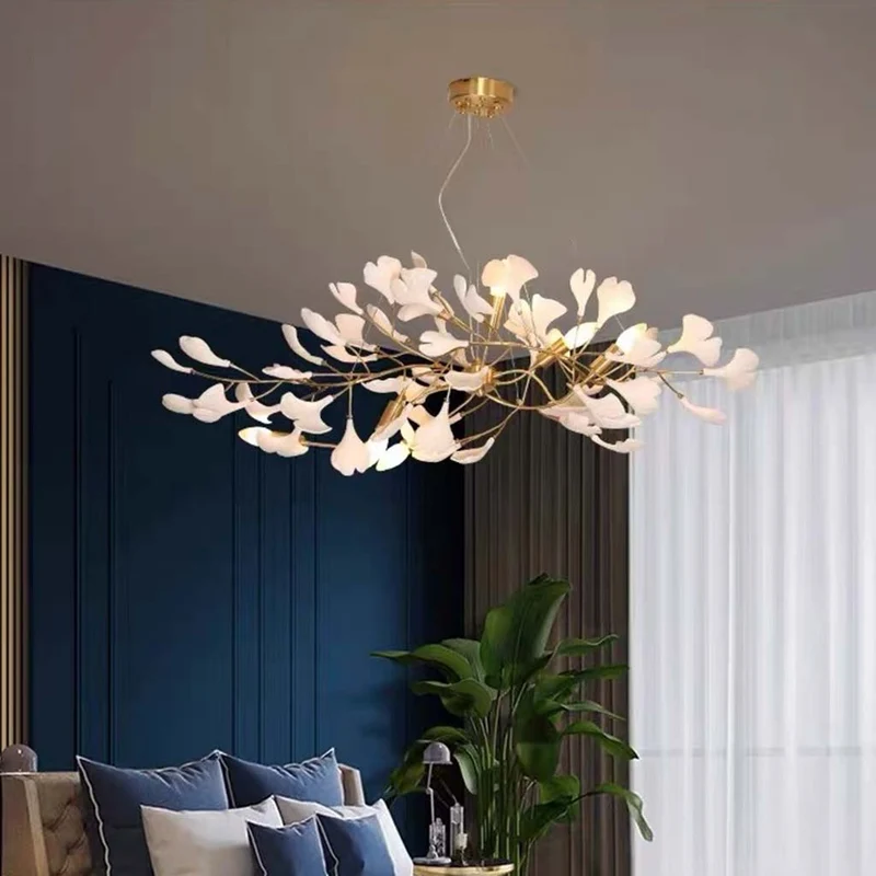 Kroonluchter Ginkgo Bladeren Keramiek Goudkleurig Wit Hanglamp Eetkamer Woonkamer Slaapkamer Verlichting | Sansoti