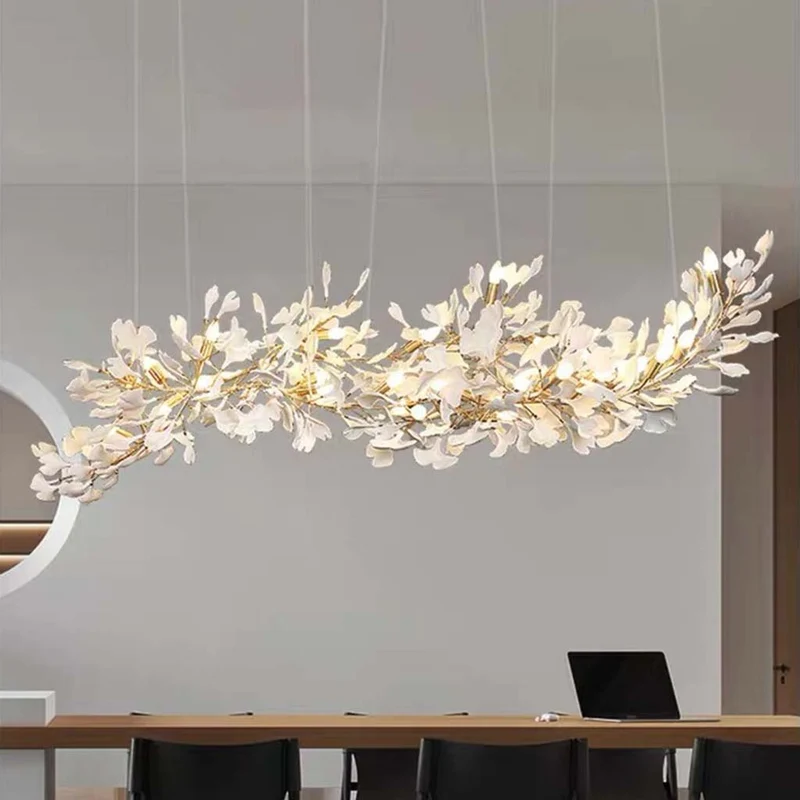 Kroonluchter Ginkgo Bladeren Keramiek Goudkleurig Wit Hanglamp Eetkamer Woonkamer Slaapkamer Verlichting | Sansoti