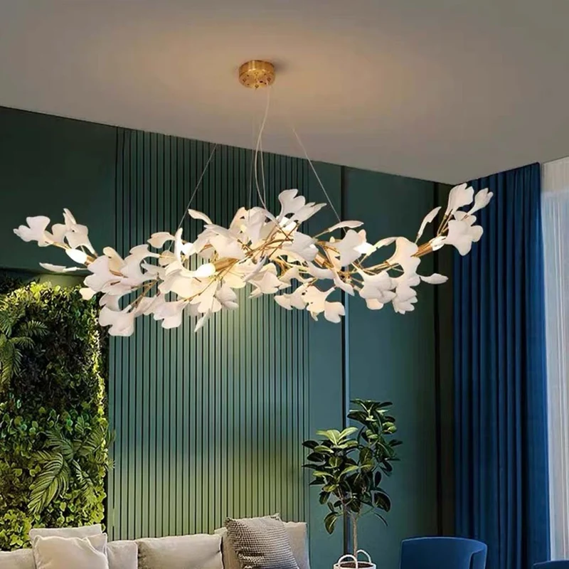 Kroonluchter Ginkgo Bladeren Keramiek Goudkleurig Wit Hanglamp Eetkamer Woonkamer Slaapkamer Verlichting | Sansoti