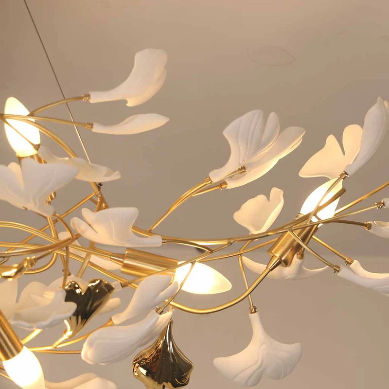 Kroonluchter Ginkgo Bladeren Keramiek Goudkleurig Wit Hanglamp Eetkamer Woonkamer Slaapkamer Verlichting | Sansoti